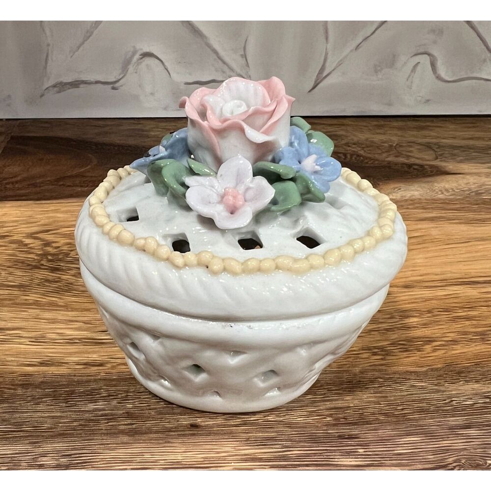 Vintage Porcelain Trinket Box Floral Rose Lid Lattice Cutout Basket Style